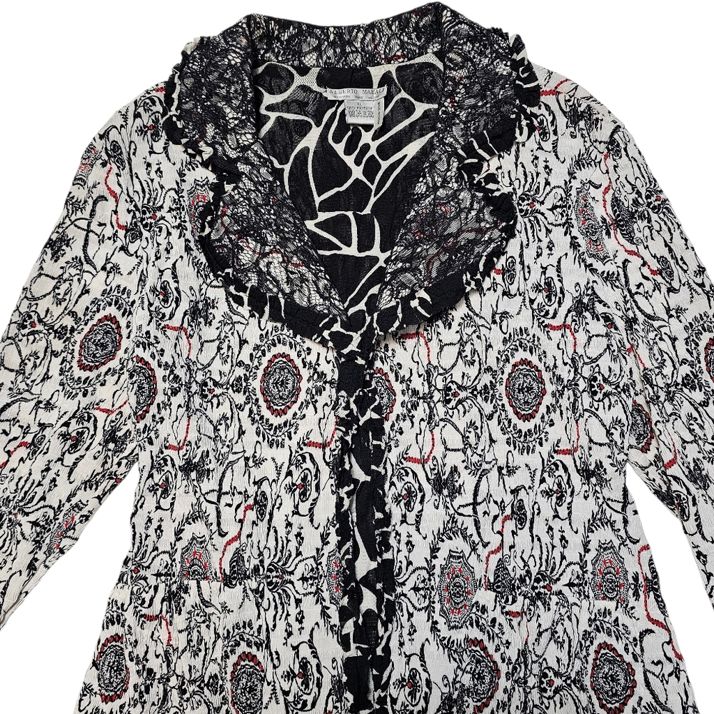 Alberto Makali Boho Lace Trim Medallion Jacket Crinkle Knit Art-To-Wear Y2K XL - Picture 4 of 15